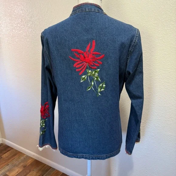 Carrie Allen - Embroidered Denim Jacket with Red Floral Accents - Size Large - Picture 4 of 15